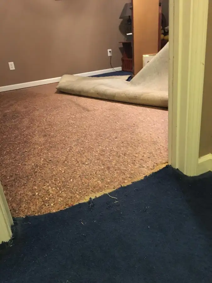 Carpet pad removal revealing water damage during Water Mitigation Services in Macedonia